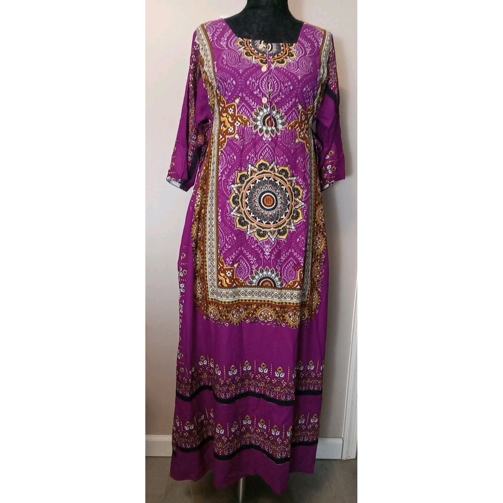 Elok Women Purple Multicolor Pattern Boho Aztec Tribal Tie Long Dress Size OS
